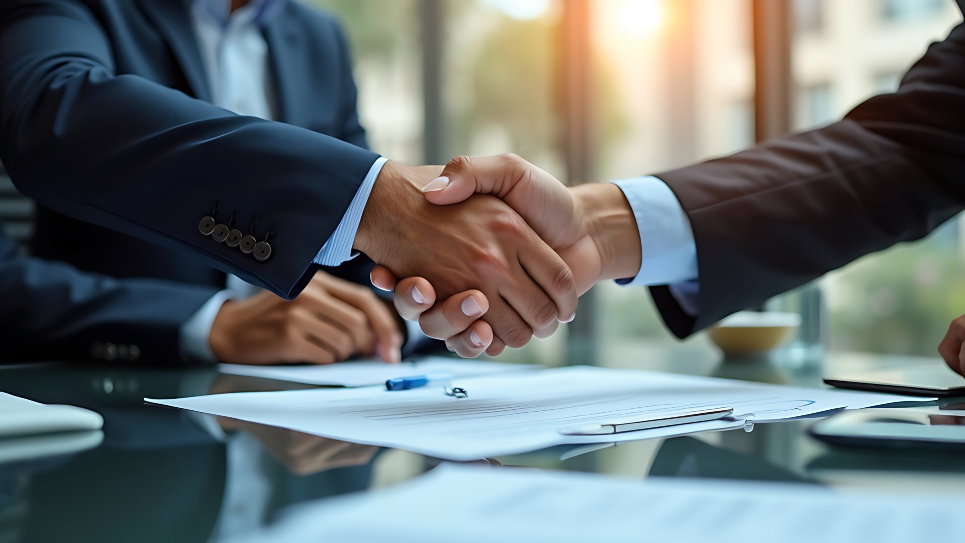 Aperto de mãos entre empresário e candidato ao fechar a contratação, com contrato de trabalho sobre a mesa